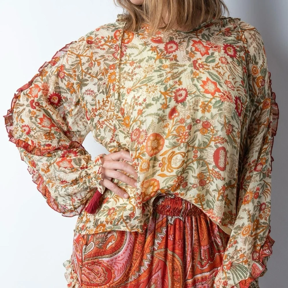 Miss June PARIS Helena boho peasant sheer floral tassel tie blouse OSFM - Picture 3 of 15